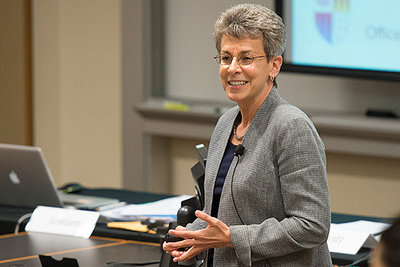 Patricia Gumport, vice provost for graduate education, speaking at the Faculty Senate meeting on Thursday.