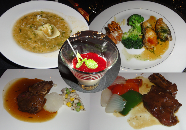 美食上桌,順時鐘左上起為義大利式台灣水餃、海鮮雙拚、牛小排、香煎鴨胸肉和中間的奶酪甜品。(記者吳炳宏/攝影)