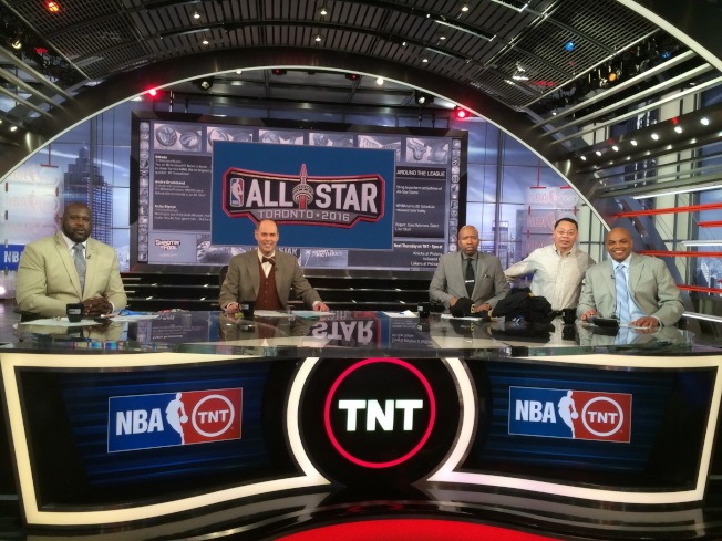 Shirley's father and his friend, Charles Barkley (right), on the set of Inside the NBA. (Courtesy of Shirley Wang)